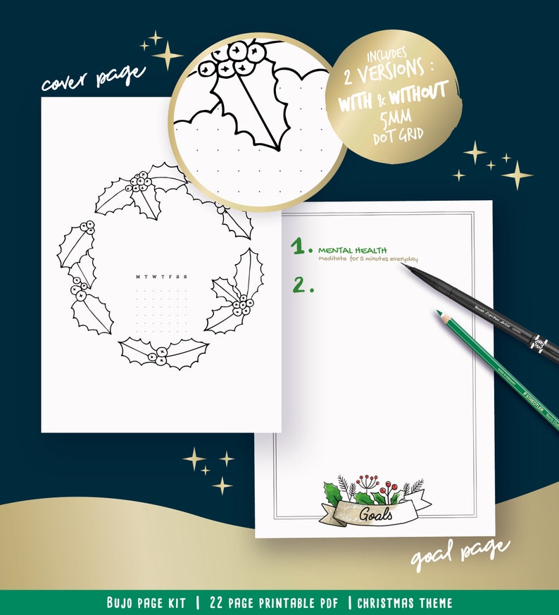 Printable pages for illustrated planner, Christmas & winter theme, undated planner pages, hand drawn style, page templates, A4, A5, Letter image 2
