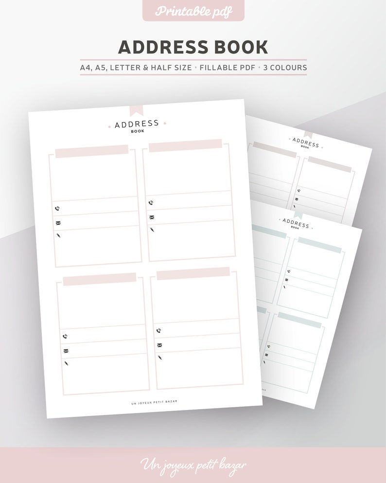 Address book printable, fillable PDF, contact phone number, contact page in 3 colours, planner insert A4, A5, letter & half size image 1