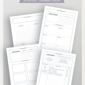 Puede incluir: Cuatro p&aacute;ginas de planificador de objetivos imprimibles con diferentes dise&ntilde;os. Cada p&aacute;gina tiene una secci&oacute;n para un objetivo, pasos de acci&oacute;n y motivaciones. Las p&aacute;ginas est&aacute;n dise&ntilde;adas en un estilo minimalista con texto gris y l&iacute;neas sobre un fondo blanco.