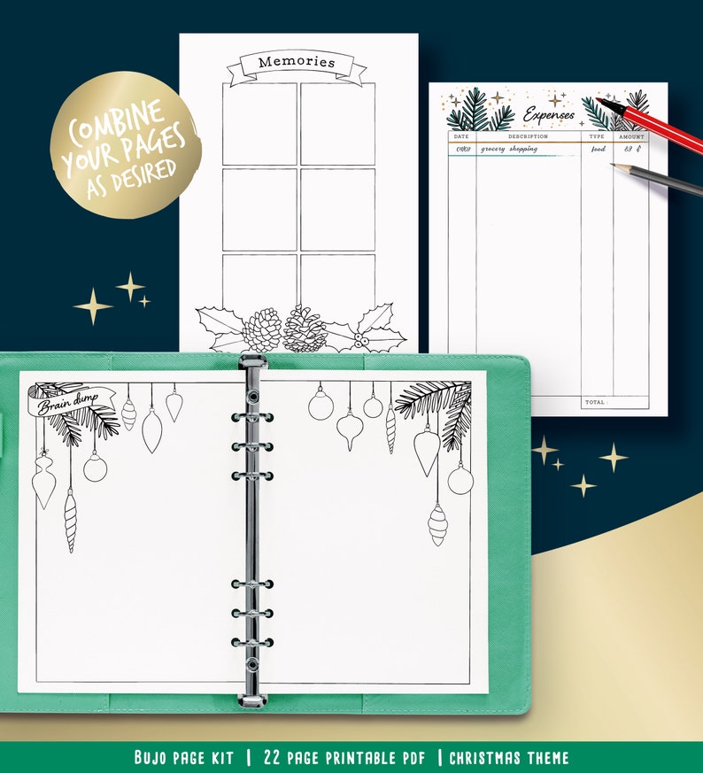 Printable pages for illustrated planner, Christmas & winter theme, undated planner pages, hand drawn style, page templates, A4, A5, Letter image 6