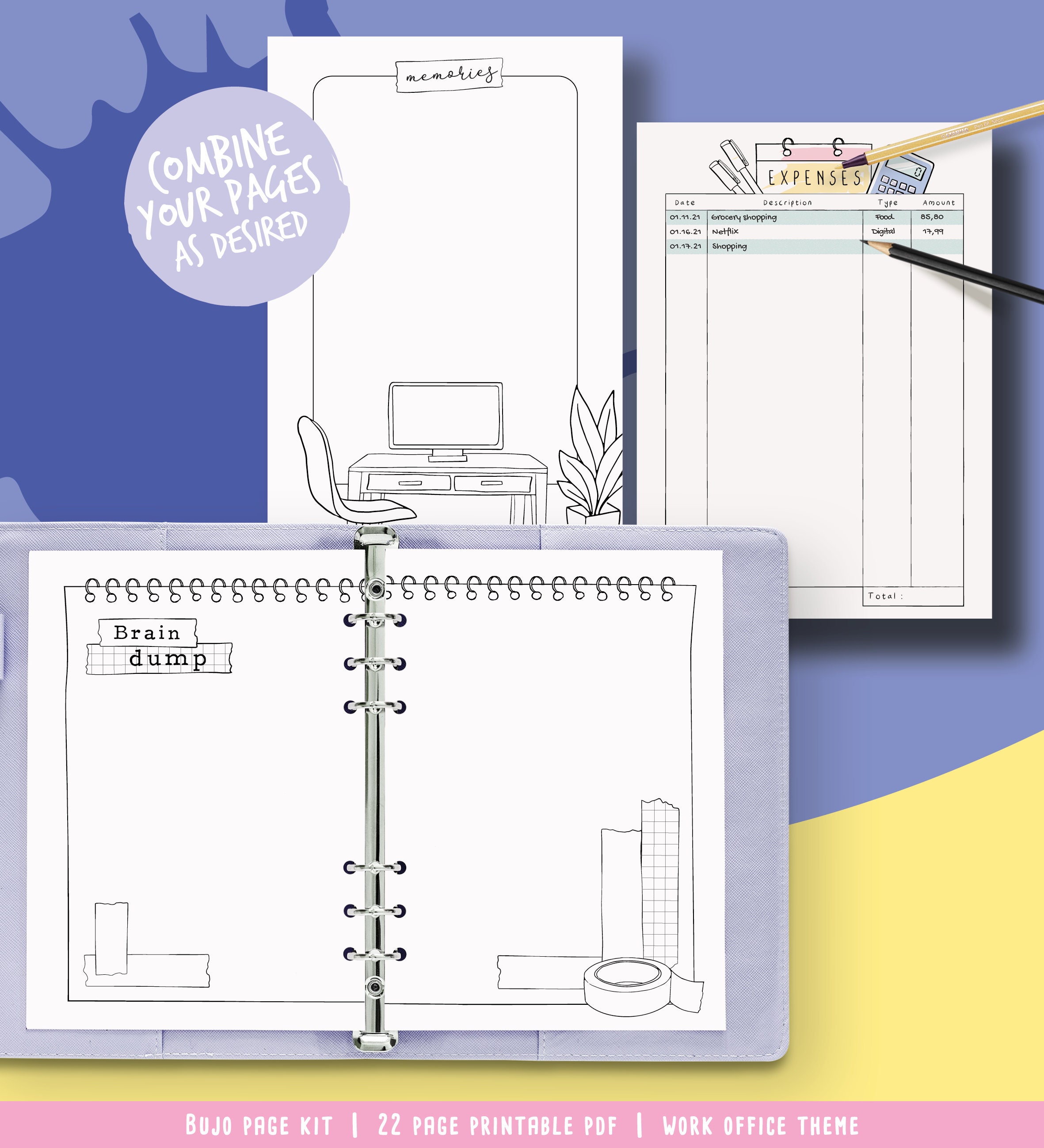 Printable Pages for Illustrated Planner, Coloring Work Office Theme, Undated Planner Pages, Hand ...