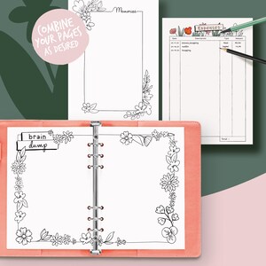 Printable pages for illustrated planner, coloring flower theme, undated planner pages, hand drawn style, page templates, A4, A5, Letter... image 6