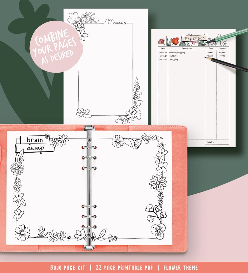 Printable pages for illustrated planner, coloring flower theme, undated planner pages, hand drawn style, page templates, A4, A5, Letter... image 6