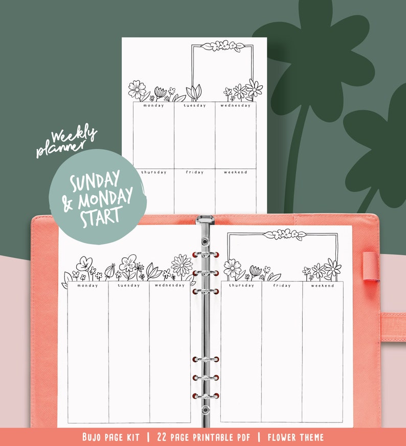 Printable pages for illustrated planner, coloring flower theme, undated planner pages, hand drawn style, page templates, A4, A5, Letter... image 8