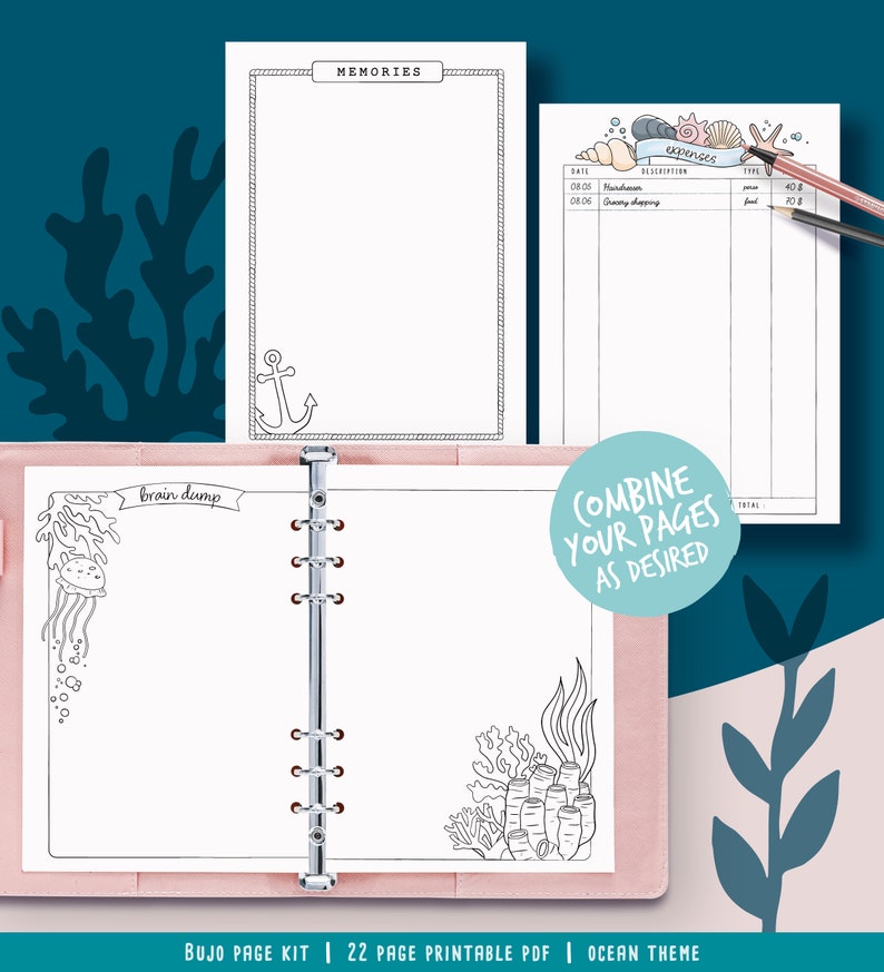 Printable pages for illustrated planner, coloring marine theme, undated planner pages, hand drawn style, page templates, A4, A5, Letter... image 6