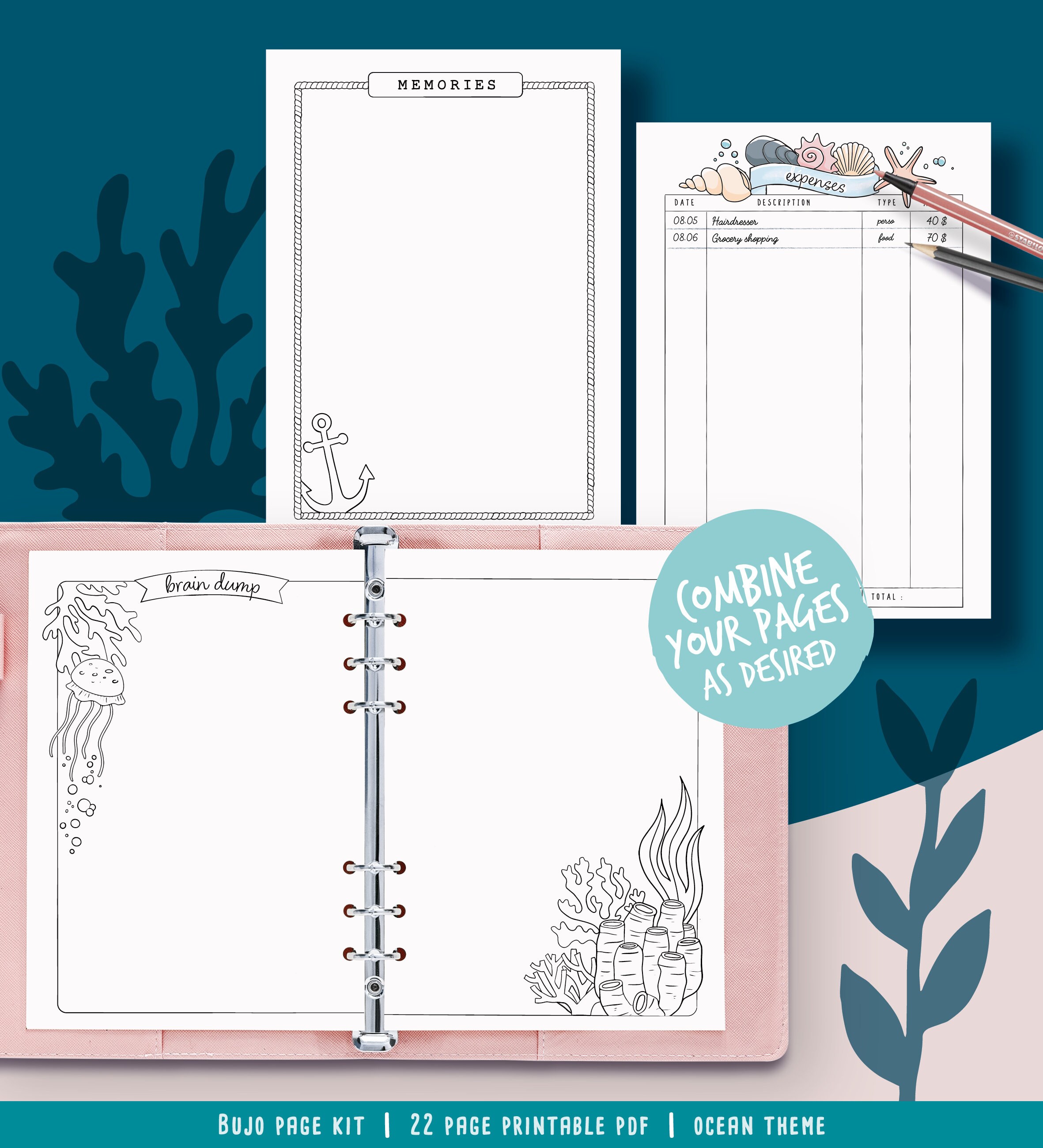 Printable Pages for Illustrated Planner, Coloring Marine Theme, Undated ...