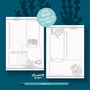 Printable pages for illustrated planner, coloring marine theme, undated planner pages, hand drawn style, page templates, A4, A5, Letter... image 9