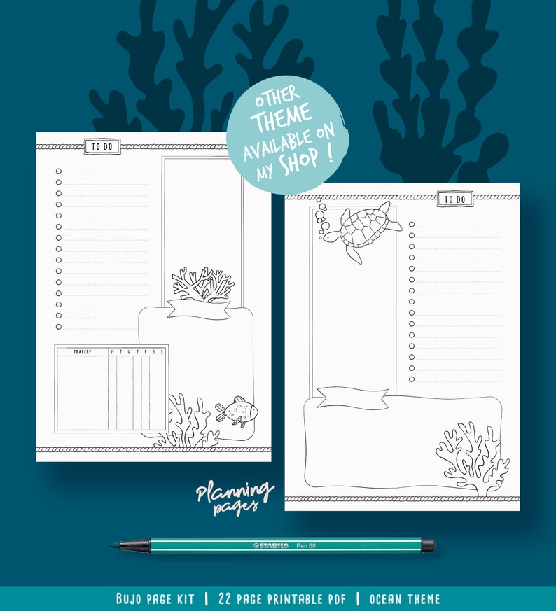 Printable pages for illustrated planner, coloring marine theme, undated planner pages, hand drawn style, page templates, A4, A5, Letter... image 9