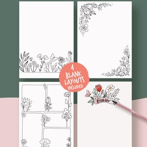 Printable pages for illustrated planner, coloring flower theme, undated planner pages, hand drawn style, page templates, A4, A5, Letter... image 4