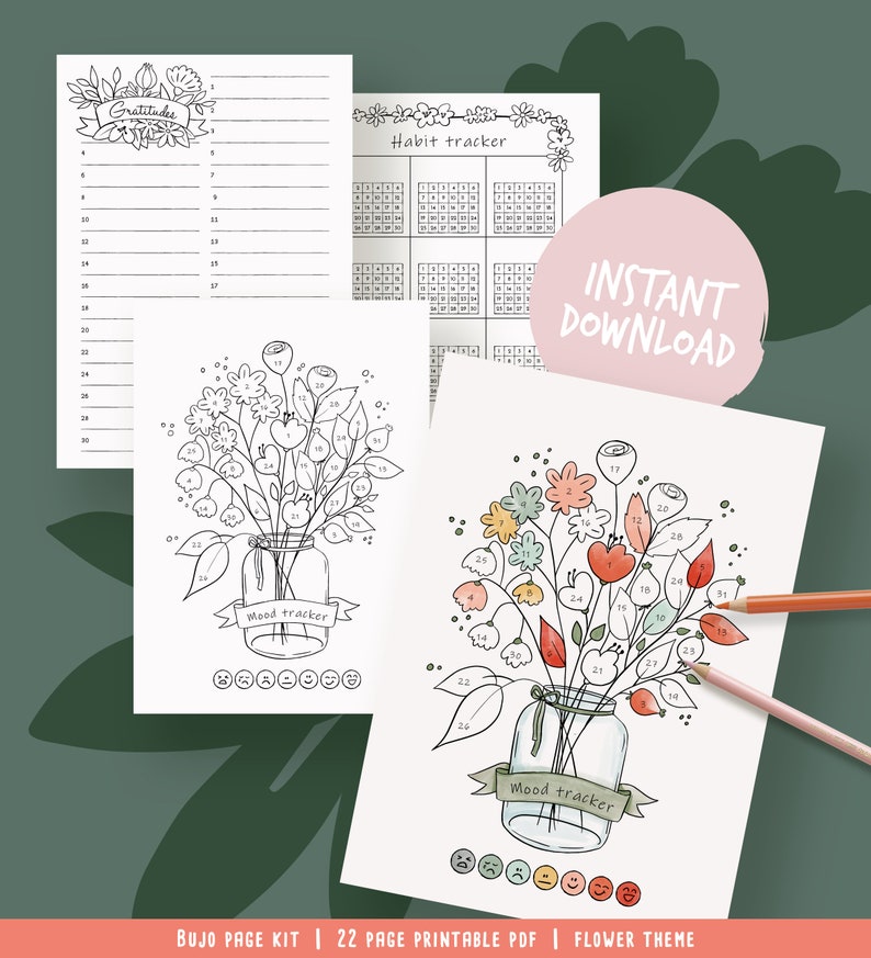 Printable pages for illustrated planner, coloring flower theme, undated planner pages, hand drawn style, page templates, A4, A5, Letter... image 5