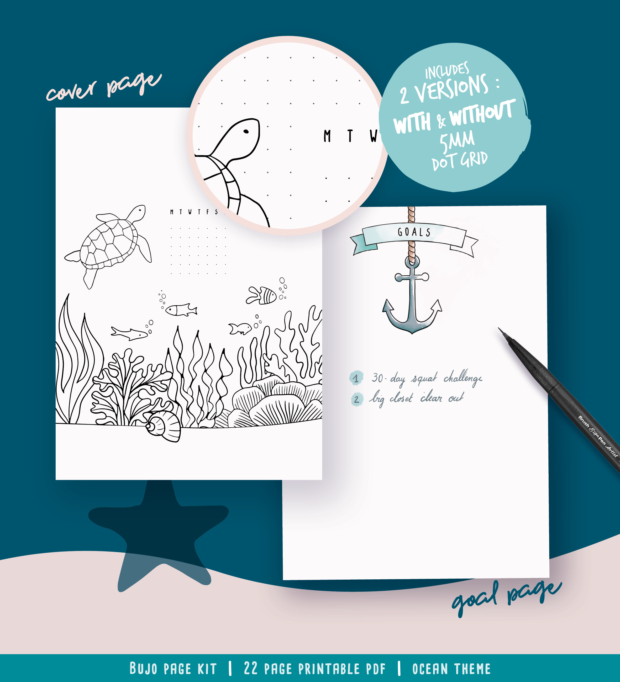 Printable Pages for Illustrated Planner, Coloring Marine Theme, Undated ...