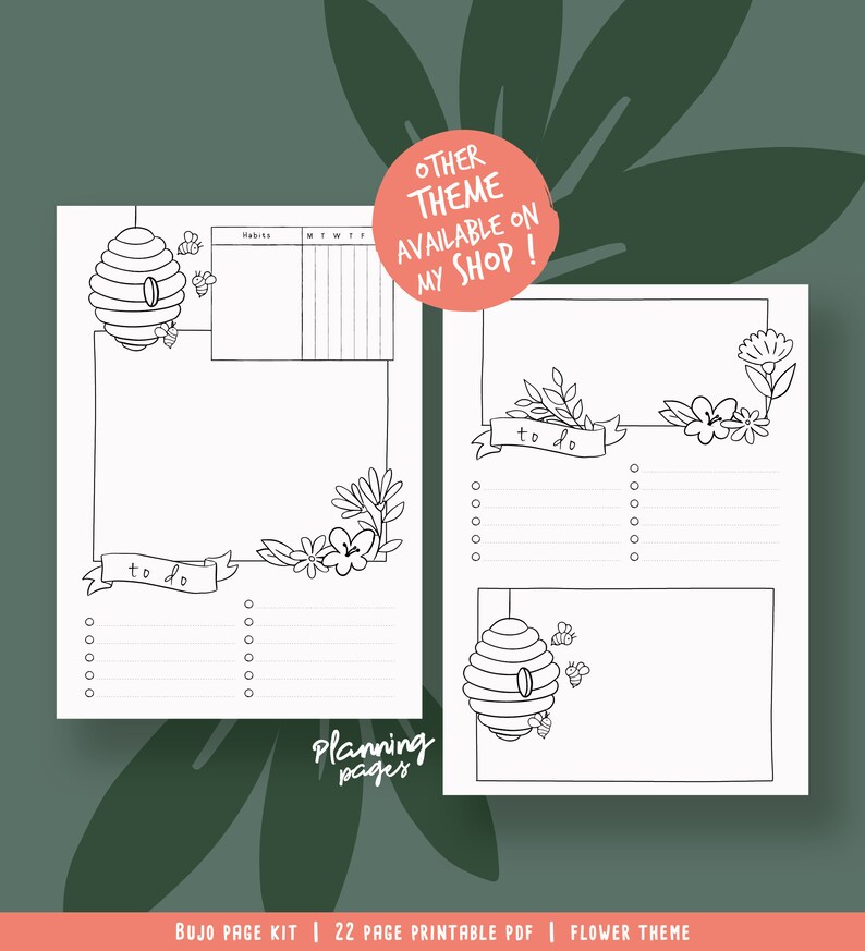 Printable pages for illustrated planner, coloring flower theme, undated planner pages, hand drawn style, page templates, A4, A5, Letter... image 9