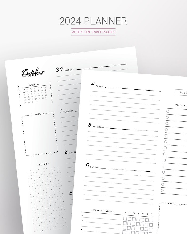 2024 WEEKLY PLANNER PRINTABLE, agenda refill, pdf diary, organiser, weekly schedule, WO2P, filofax inserts, A5, A4, Letter & half size image 3
