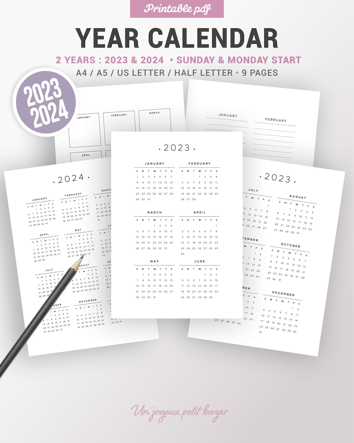 2023 2024 Yearly Calendar Printable Planner Insert Dated Etsy