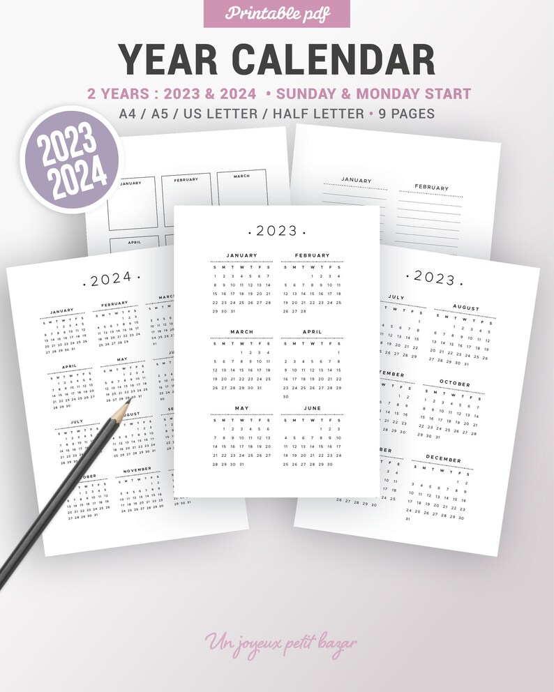 2023 2024 Yearly Calendar Printable Planner Insert Dated Etsy Canada