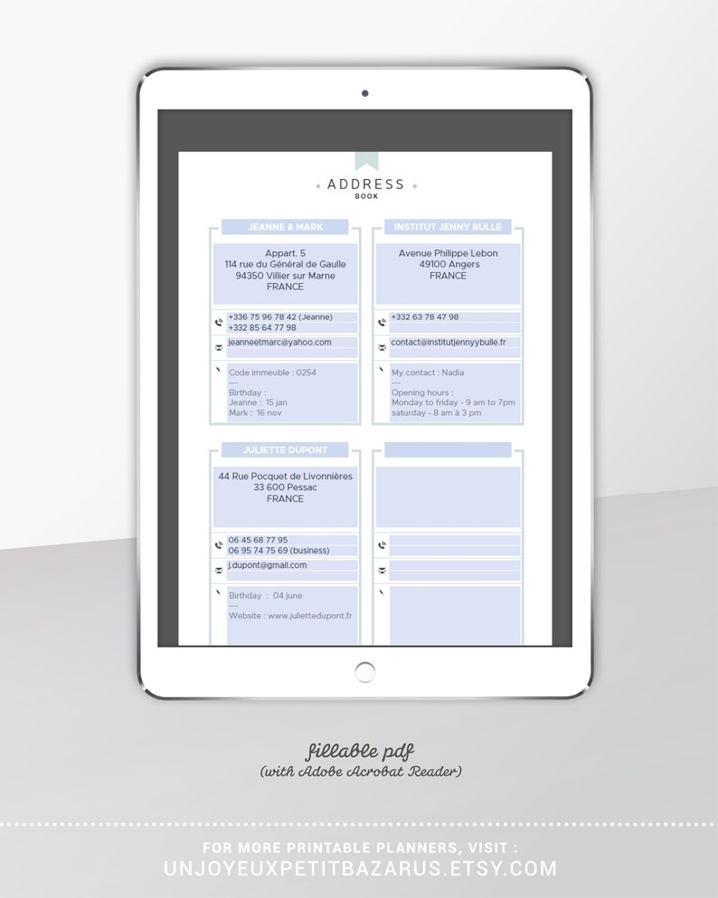 Address book printable, fillable PDF, contact phone number, contact page in 3 colours, planner insert A4, A5, letter & half size image 4