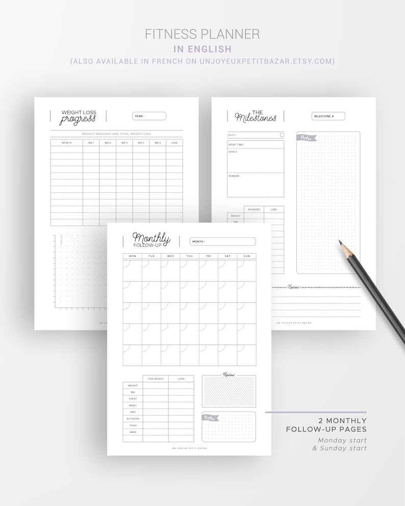 FITNESS PLANNER / Printable / fitness goals, food diary, fitness challenge, monthly and weekly follow-up, measurements tracker, sport... image 3
