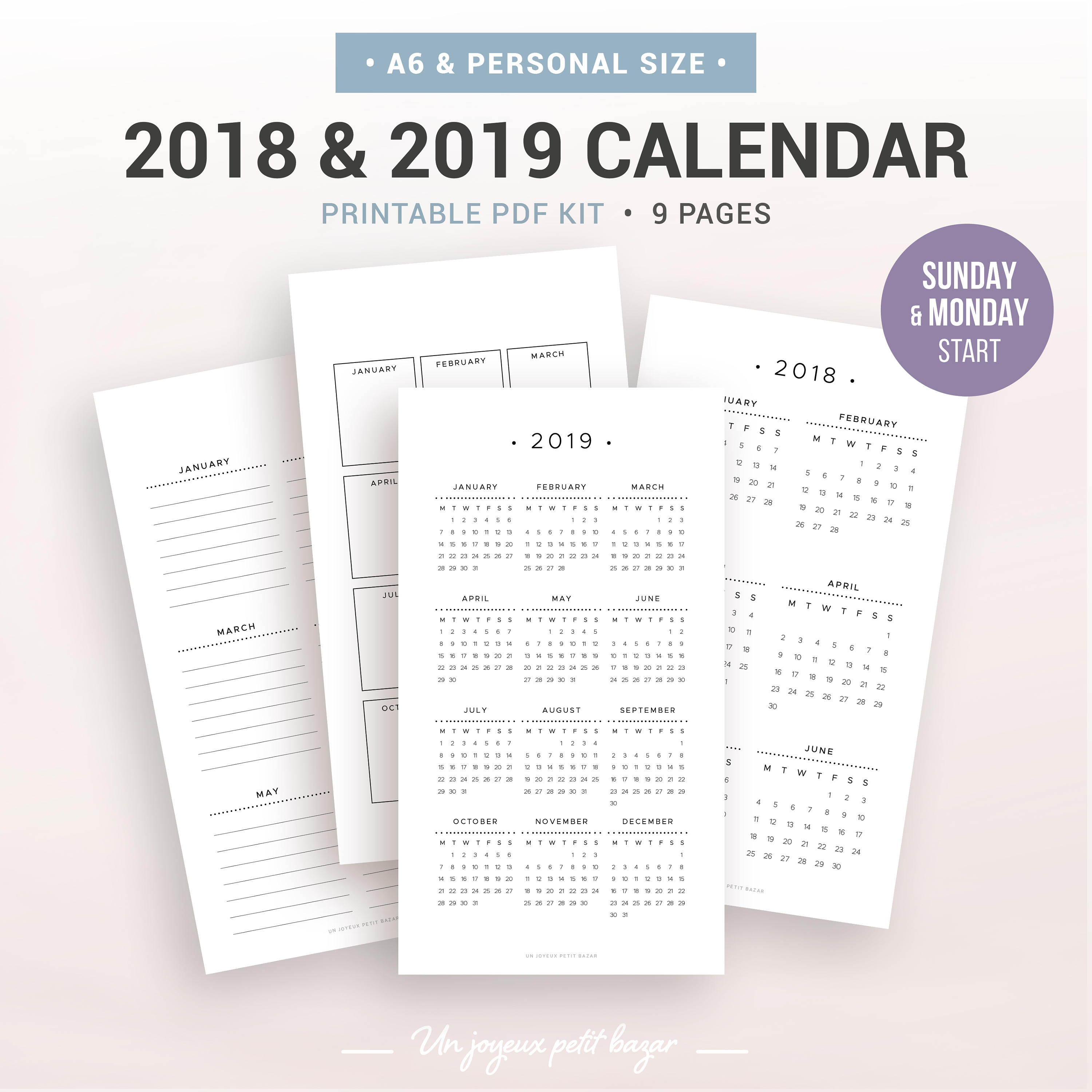 2018 2019 YEARLY CALENDAR A6 & Personal size Printable | Etsy