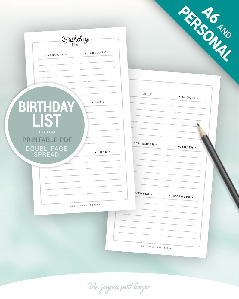 Birthday Tracker Year Calendar Template Printable Birthday Etsy