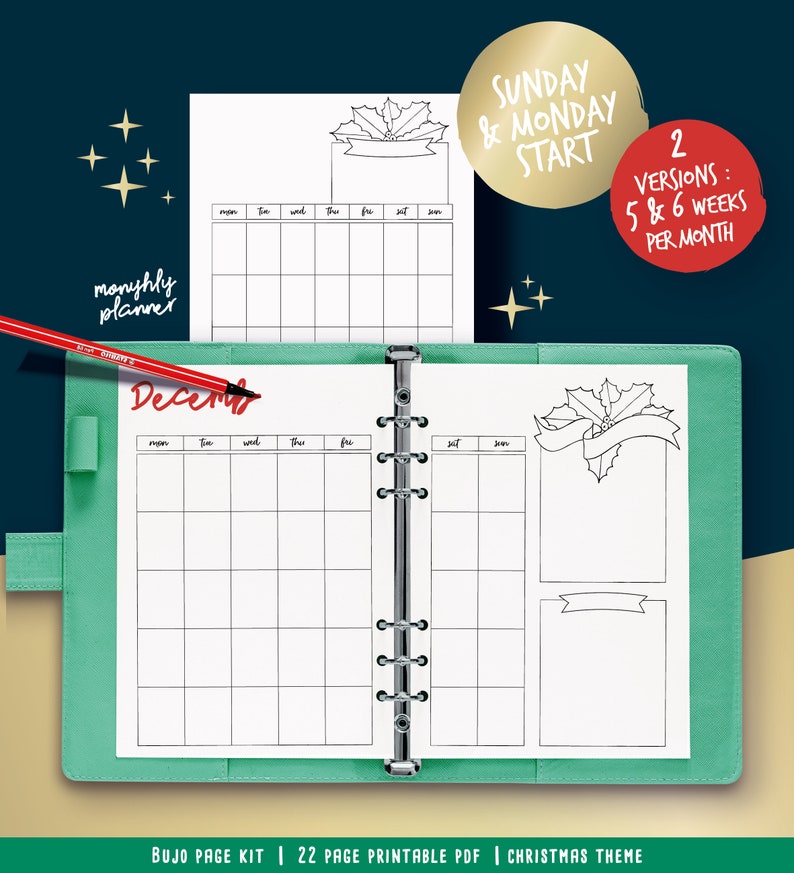 Printable pages for illustrated planner, Christmas & winter theme, undated planner pages, hand drawn style, page templates, A4, A5, Letter image 8