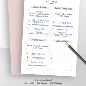 Address book printable, fillable PDF, contact phone number, contact page in 3 colours, planner insert A4, A5, letter & half size image 3