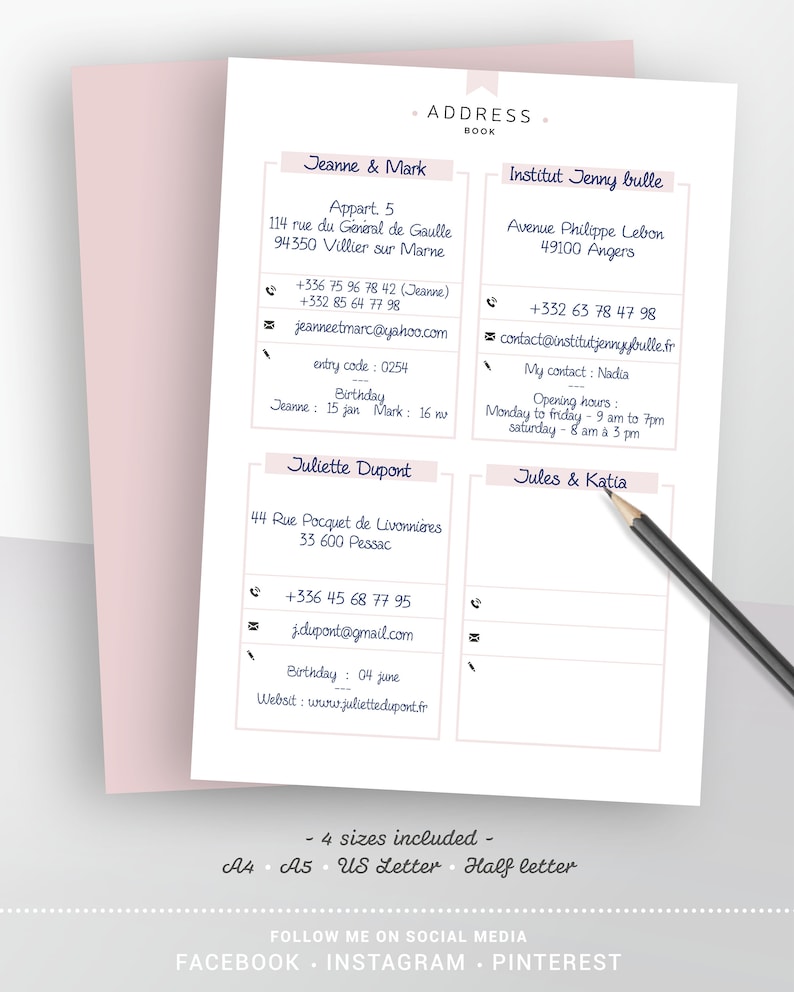 Address book printable, fillable PDF, contact phone number, contact page in 3 colours, planner insert A4, A5, letter & half size image 3