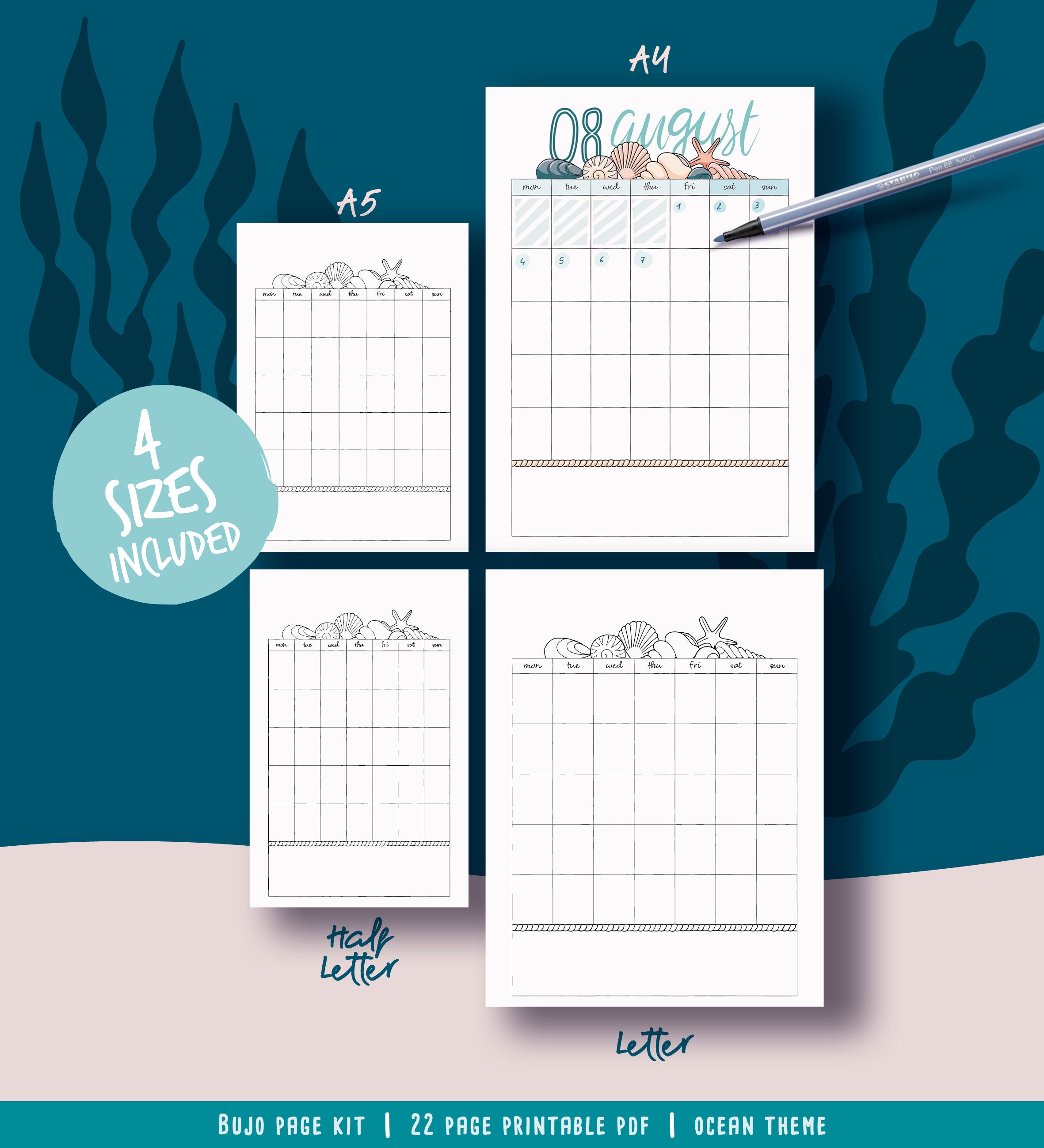 Printable Pages for Illustrated Planner, Coloring Marine Theme, Undated ...