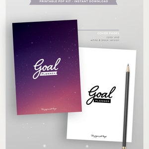 Puede incluir: Un kit de planificaci&oacute;n de objetivos PDF imprimible con una portada degradada en p&uacute;rpura y rosa con estrellas blancas y el texto "Goal Planner". La portada tambi&eacute;n incluye una versi&oacute;n en blanco y negro.