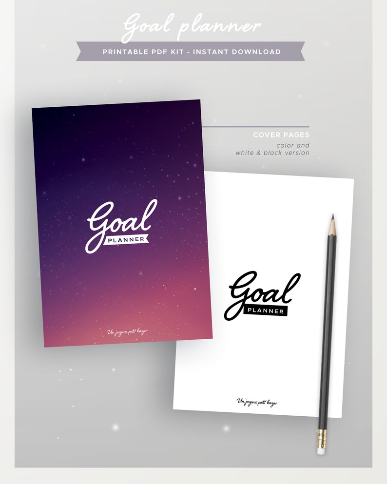 Puede incluir: Un kit de planificaci&oacute;n de objetivos PDF imprimible con una portada degradada en p&uacute;rpura y rosa con estrellas blancas y el texto "Goal Planner". La portada tambi&eacute;n incluye una versi&oacute;n en blanco y negro.