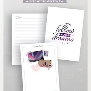 Puede incluir: Un planificador de objetivos imprimible con un tablero de visi&oacute;n y una secci&oacute;n de notas. El tablero de visi&oacute;n tiene un coraz&oacute;n rosa con la palabra "love" y dos fotos. La secci&oacute;n de notas tiene papel rayado. La portada tiene una estrella morada y el texto "follow your dreams".