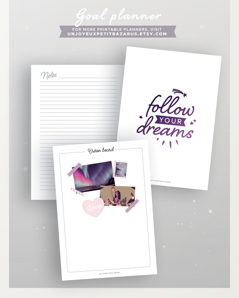 Puede incluir: Un planificador de objetivos imprimible con un tablero de visi&oacute;n y una secci&oacute;n de notas. El tablero de visi&oacute;n tiene un coraz&oacute;n rosa con la palabra "love" y dos fotos. La secci&oacute;n de notas tiene papel rayado. La portada tiene una estrella morada y el texto "follow your dreams".