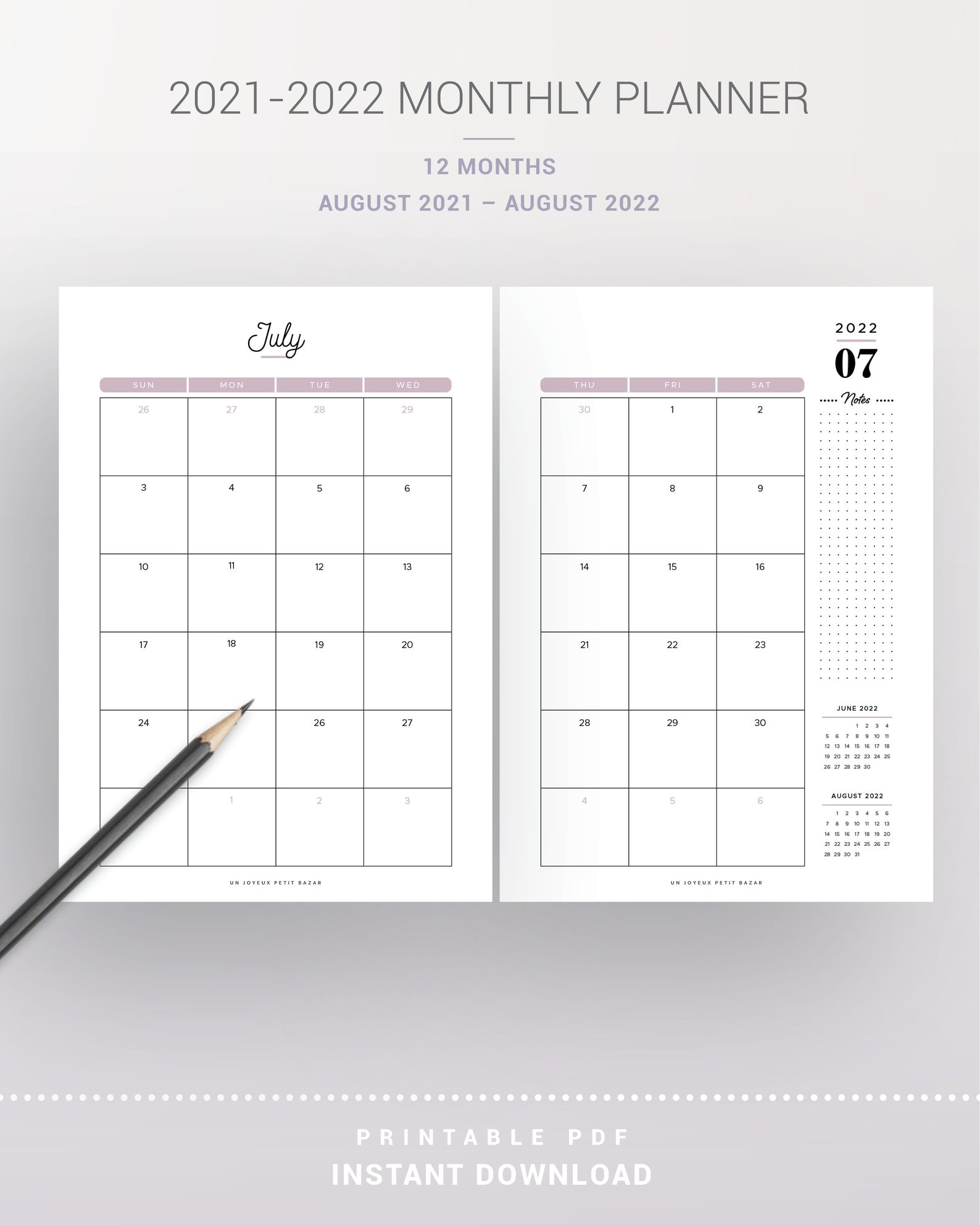 2021 2022 Monthly Planner Printable Monthly Calendar Monday Etsy