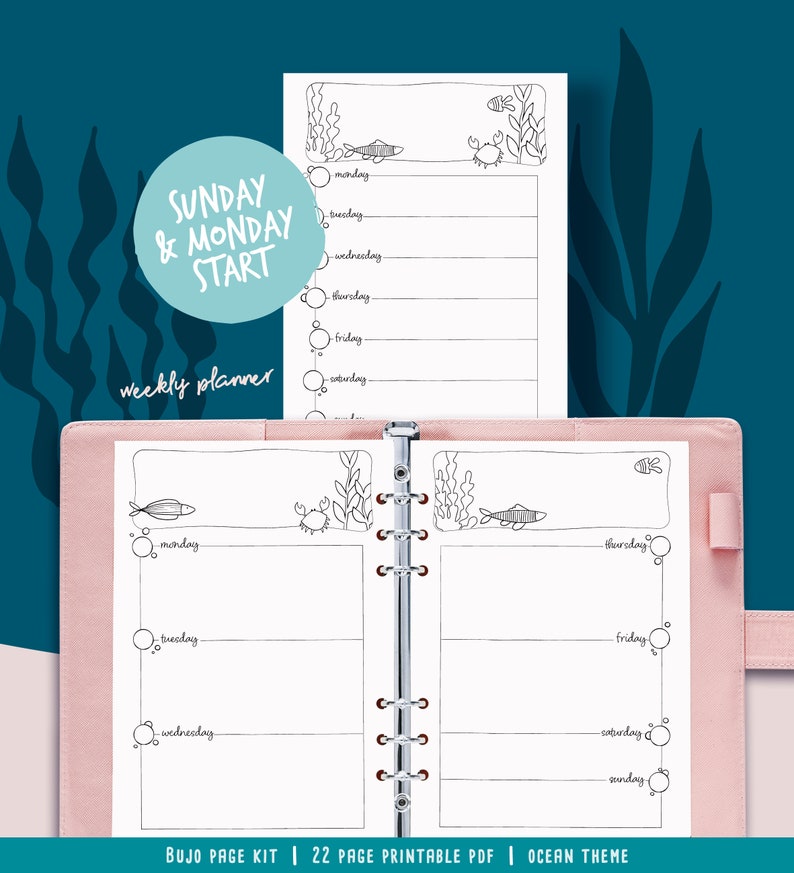 Printable pages for illustrated planner, coloring marine theme, undated planner pages, hand drawn style, page templates, A4, A5, Letter... image 7