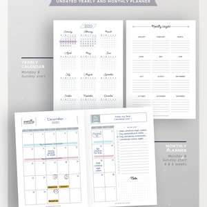 Puede incluir: Un planificador de objetivos imprimible con calendarios anuales y mensuales sin fecha. La p&aacute;gina del calendario mensual muestra diciembre de 2020 con una lista de tareas para hacer la mejor Navidad de la historia. El calendario anual muestra una cuadr&iacute;cula para cada mes del a&ntilde;o.