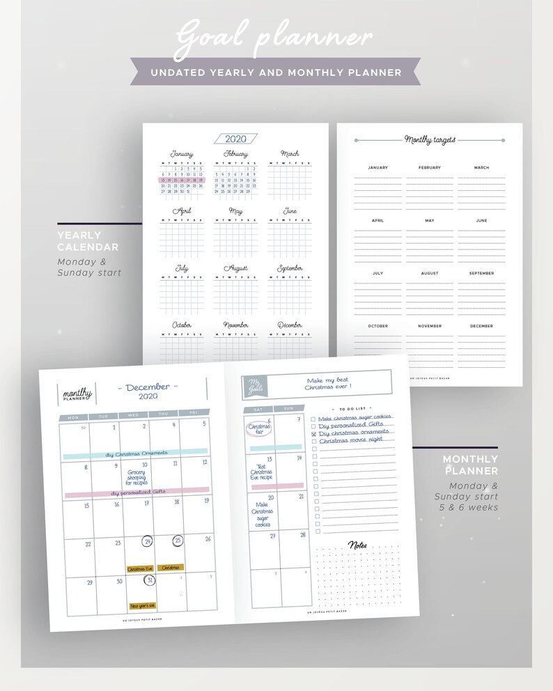 Puede incluir: Un planificador de objetivos imprimible con calendarios anuales y mensuales sin fecha. La p&aacute;gina del calendario mensual muestra diciembre de 2020 con una lista de tareas para hacer la mejor Navidad de la historia. El calendario anual muestra una cuadr&iacute;cula para cada mes del a&ntilde;o.