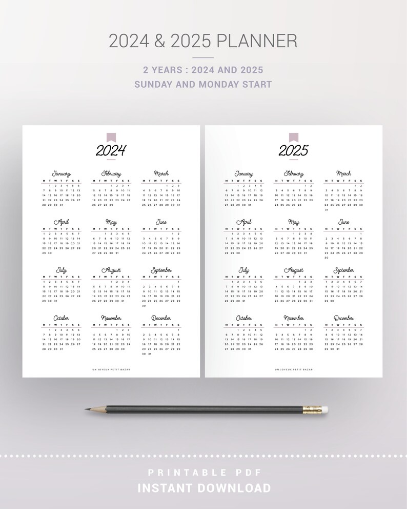 2024 and 2025 Yearly Calendar Printable, Yearly Planner, Sunday
