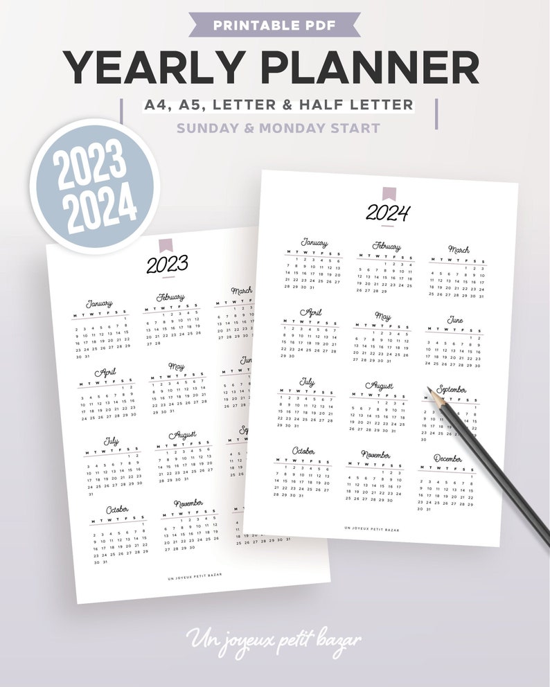 2023 and 2024 Yearly Calendar Printable Yearly Planner - Etsy Hong Kong