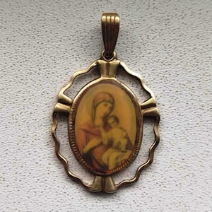 Rare Antique Religion Bronze-Enamel Church Catholic Icon medallion/pendant - VIRGIN MARY 1930&#39;s