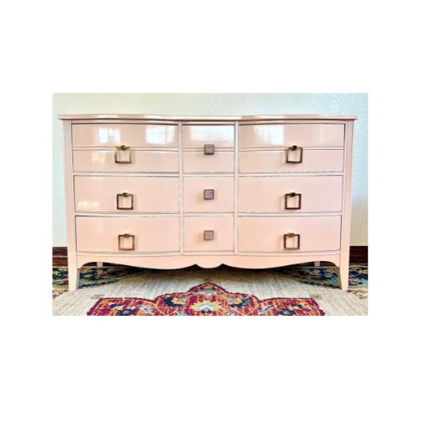 High Gloss Pink Vintage Dixie Style 9 Drawer Serpentine Dresser/Credenza/Buffet/Entryway Table/Console