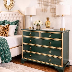 Ultra High Gloss Green 5 Drawer Bamboo Trim Dorthy Draper Inspired Solid Wood Dresser/Chest of Drawers/Entryway/Console