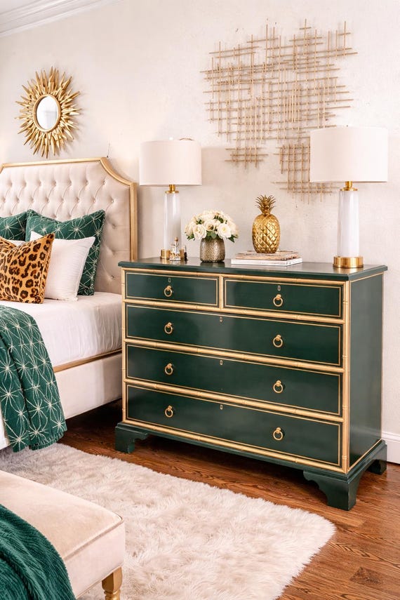 Ultra High Gloss Green 5 Drawer Bamboo Trim Dorthy Draper Inspired Solid  Wood Dresser/Chest of Drawers/Entryway/Console