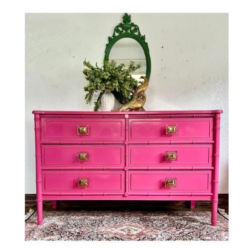 pink bamboo dresser SOLD - Vintage Dixie Aloha Faux Bamboo Pink 6-drawer Dresser