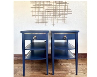 A pair of Vintage Modern Navy Blue Mersman End Tables/Bedside Tables/Nightstands/side tables