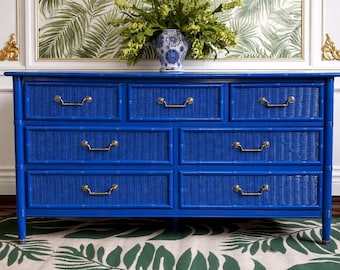 High Gloss Evening Blue Faux Bamboo Dixie Faux Bamboo & Wicker Front Dresser/Buffet/Credenza