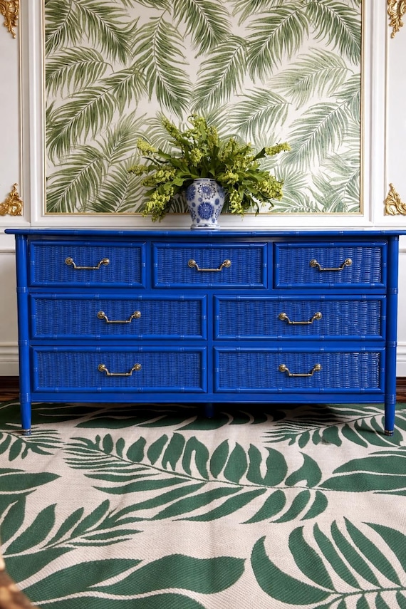 blue bamboo dresser High Gloss Evening Faux Dixie Faux Bamboo & Wicker Front Dresser/buffet/credenza Bali hai