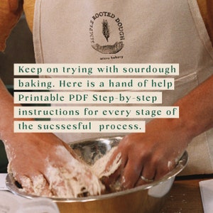 May include: A person's hands kneading sourdough dough in a silver bowl. The text "Keep on trying with sourdough baking. Here is a hand of help Printable PDF Step-by-step instructions for every stage of the successful process." is visible in the image.