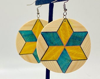 Round Wood Earrings With A Star In The Center
