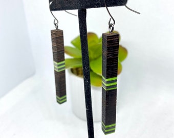 Large Slim Style Handmade Wooden Earrings With Green Highlights