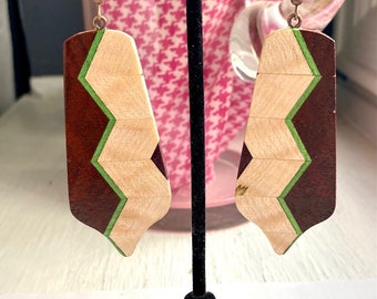 Large Teardrop Shaped Chevron Patterned Wood Earrings