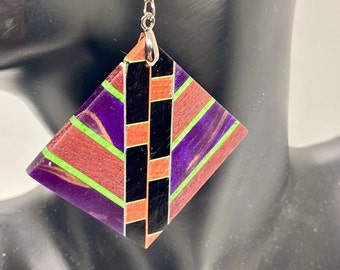 Multi-colored Handmade Diamond Shaped Boho Style Spring Wood Earrings